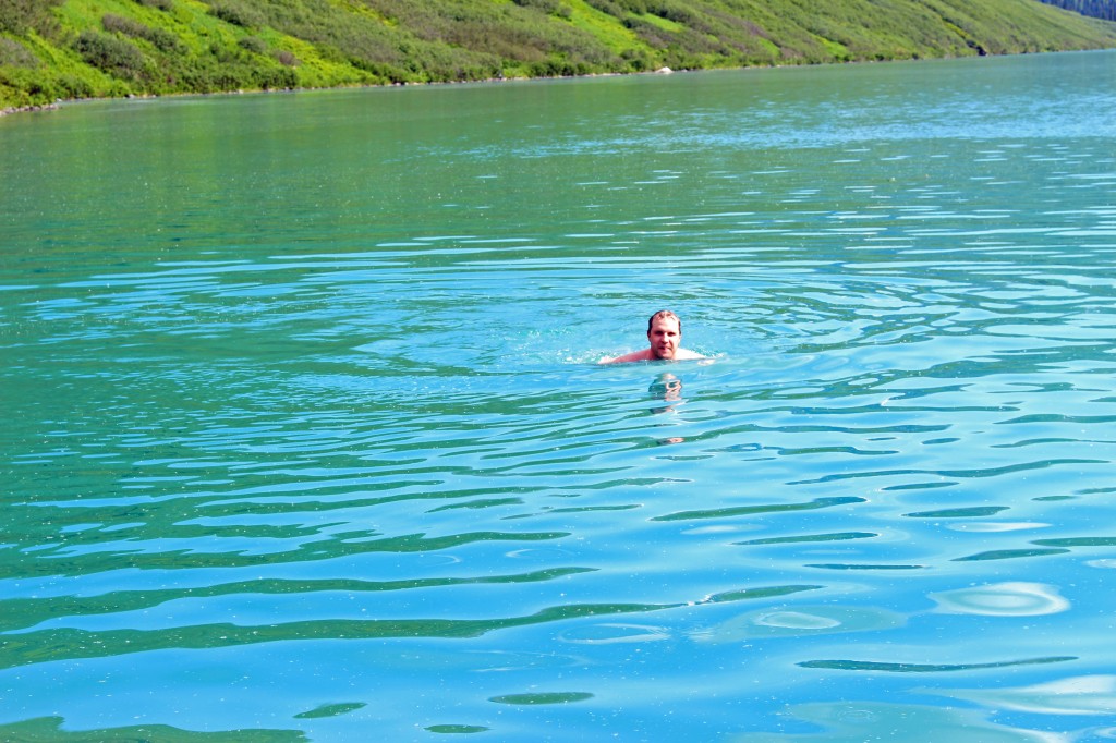 swimming in glacier water